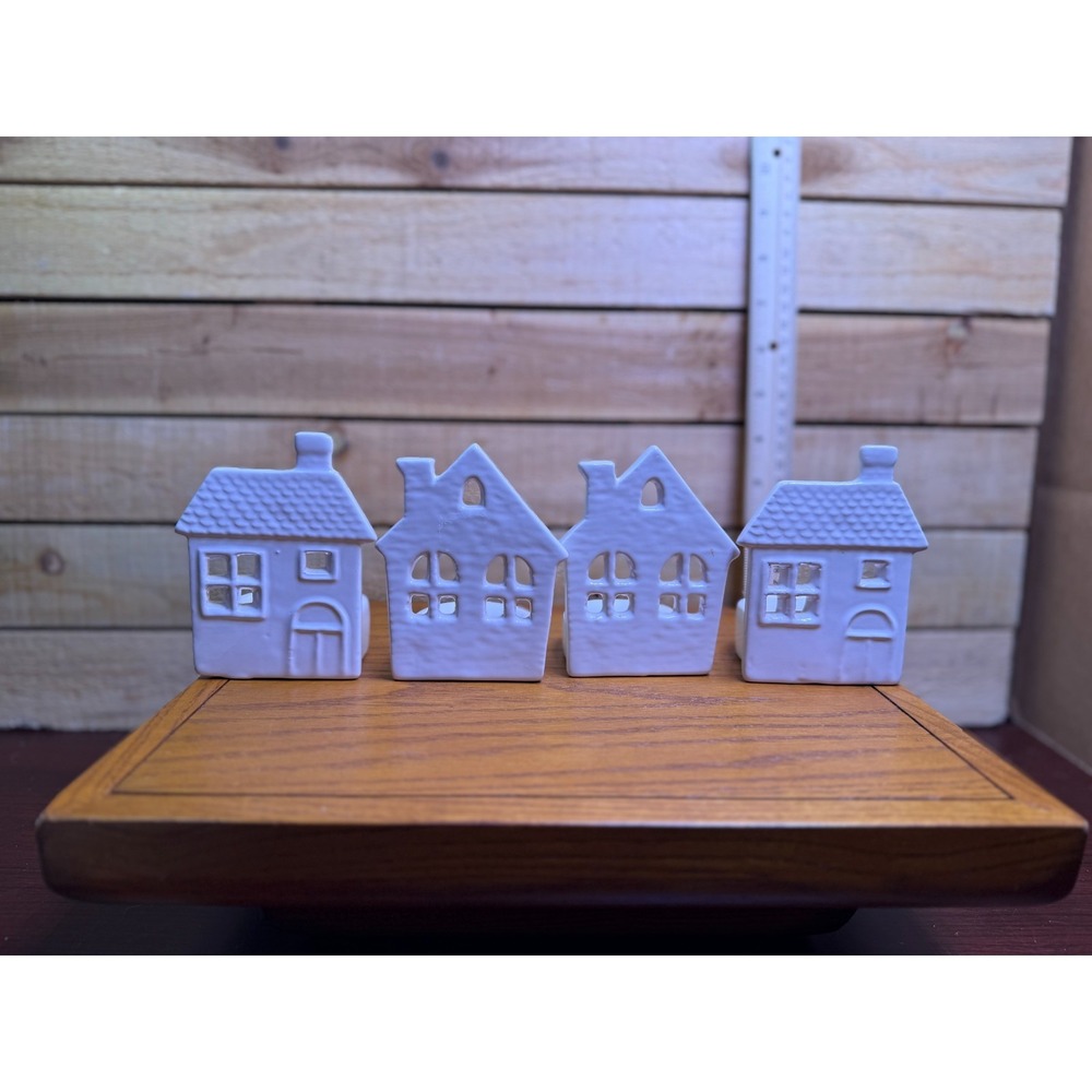 Set of 4 White Ceramic House Tealight Holders Christmas Village Decor